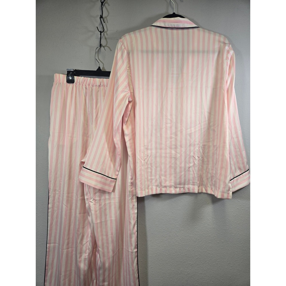 Victoria's Secret Pink White Stripe Satin Pajama Set Long Sleeve Pants Small - Picture 5 of 11